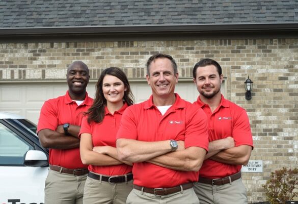 A smiling team of four service professionals in matching red polo shirts and khaki pants pose with their arms crossed in front of a residential home and service van.