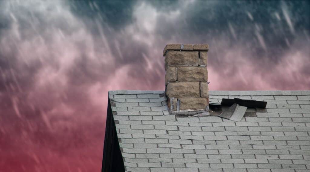 A shingled roof with loose and damaged shingles near a stone chimney during a heavy rainstorm.