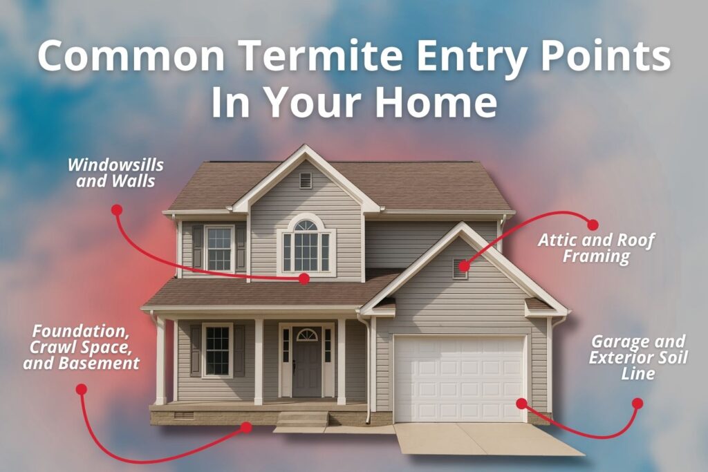An architectural illustration of a two-story house highlighting common termite entry points, including windowsills, walls, the foundation, crawl spaces, attic framing, and the exterior soil line near the garage.