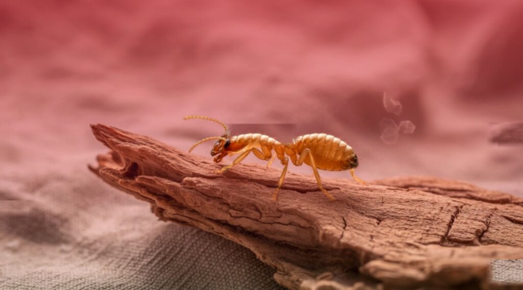 Close-up of a termite on a piece of dry wood with a blurry red background.