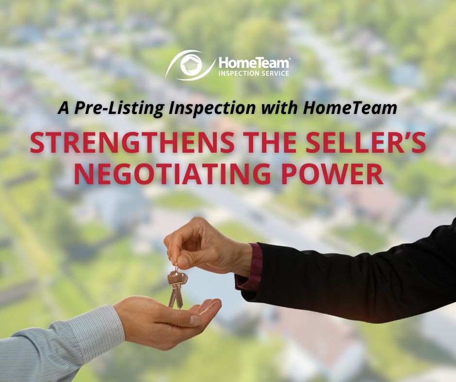 A graphic showing one hand passing house keys to another over a blurred residential background, with text stating that a pre-listing inspection strengthens a seller’s negotiating power.