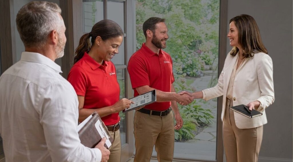 Two professional home inspectors in red shirts shaking hands with a client during a home inspection.