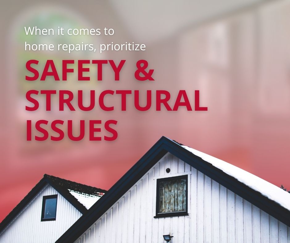 An informational graphic with a background of house gables that states, "When it comes to home repairs, prioritize safety and structural issues."