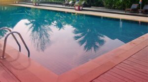 A clean, blue-tiled swimming pool reflecting palm trees, featuring a stainless steel ladder in the foreground and lounge chairs on the surrounding deck.