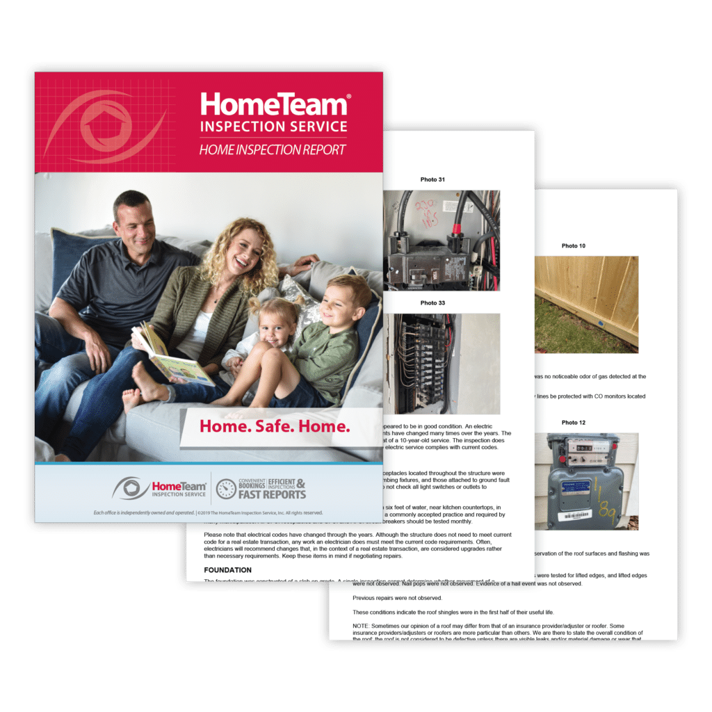 A graphic showing a HomeTeam Inspection Service report, featuring a cover with a happy family on a couch and the slogan "Home. Safe. Home." layered over detailed report pages containing technical photos of an electrical panel, a gas meter, and a wooden fence.