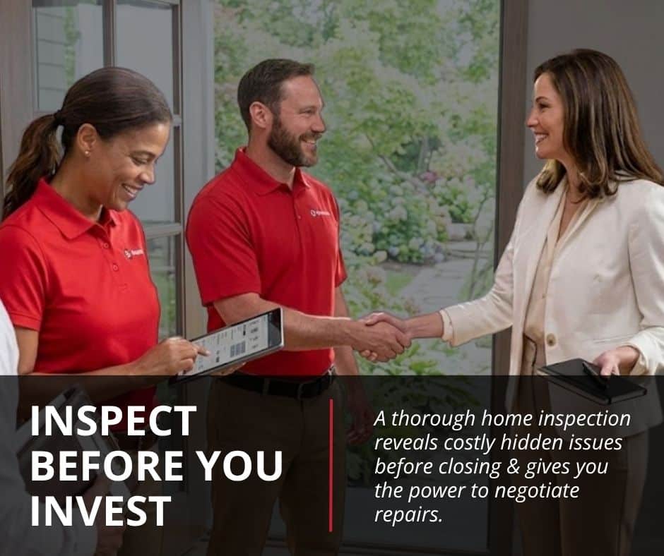 Two home inspectors in red shirts review a digital tablet and shake hands with a client at a doorway, overlaid with bold text that reads "INSPECT BEFORE YOU INVEST: A thorough home inspection reveals costly hidden issues before closing & gives you the power to negotiate repairs.